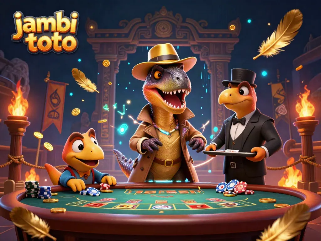 Experience thrilling moments at jambi toto with a velociraptor card counter at a blackjack table surrounded by action.