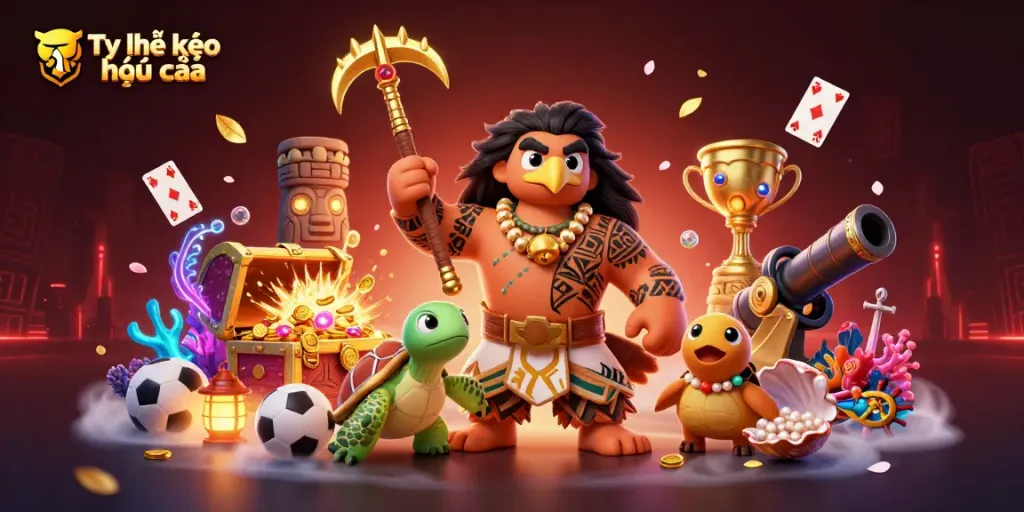 Engage with Tỷ lệ kèo nhà cái through a vibrant 3D illustration showcasing sports betting elements and fantasy characters.