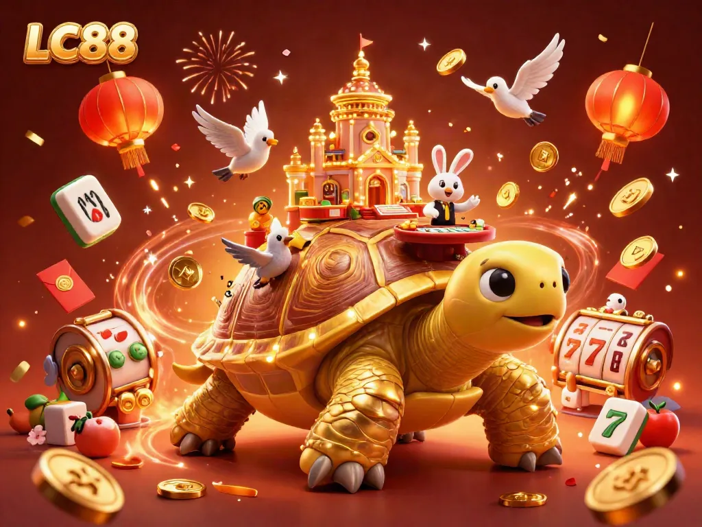 Experience thrilling gameplay at LC88 with a vibrant casino scene featuring a golden tortoise and rabbit dealer.