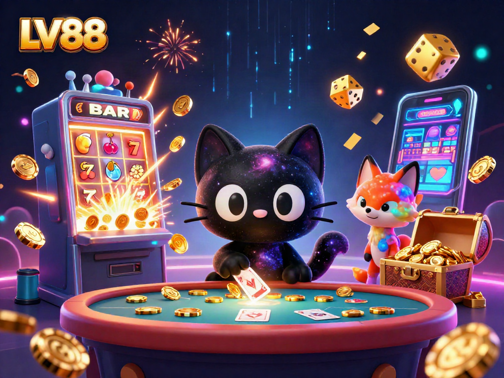 Experience the excitement of LV88 with a cosmic casino scene featuring dynamic characters and vibrant game elements.