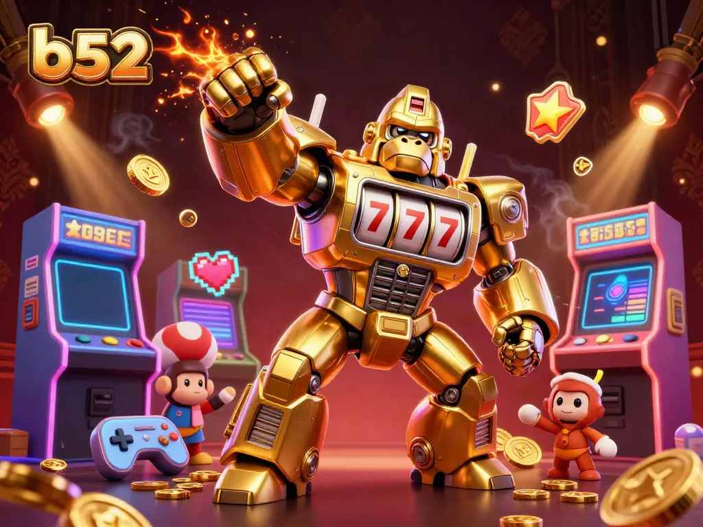 Experience thrilling wins with B52's dynamic gaming scene featuring a golden gorilla mech.