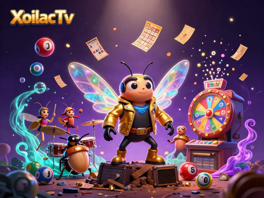 XoilacTv offers an exciting animated scene with a rockstar cicada and vibrant casino elements.