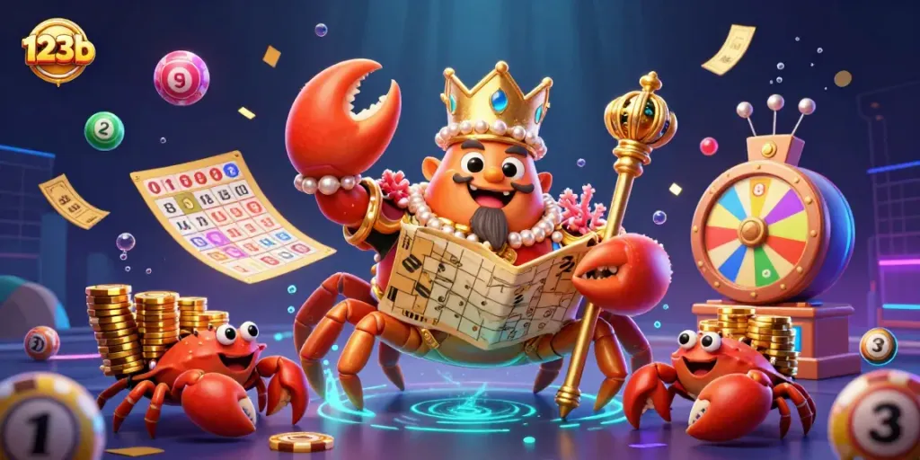 Engage with 123b’s vibrant lottery scene featuring a golden crab emperor amidst dynamic gaming elements.