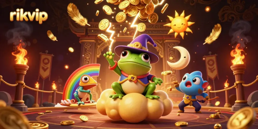 Experience rikvip's gaming excitement with vibrant characters and dynamic casino elements.