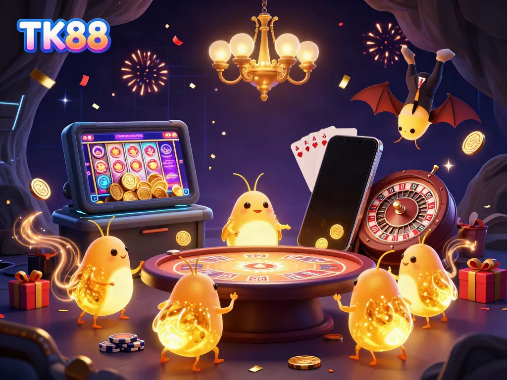 Experience the excitement of TK88 with glowworms lighting a cave casino scene filled with vibrant game elements.