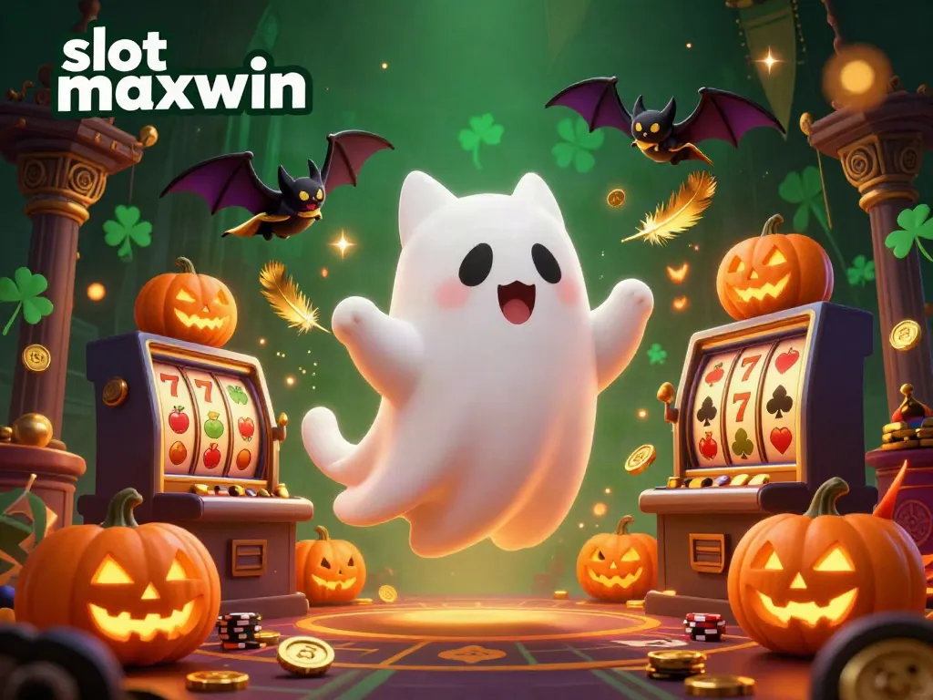 Experience the excitement of slot maxwin in a haunted casino with a ghost cat and glowing symbols.