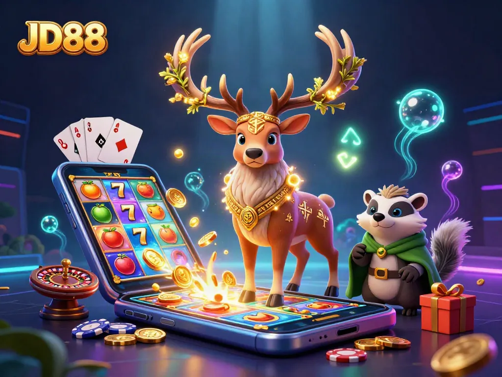 Engage with JD88 thrilling slots, featuring a druid and vivid game elements in a rich 3D scene.