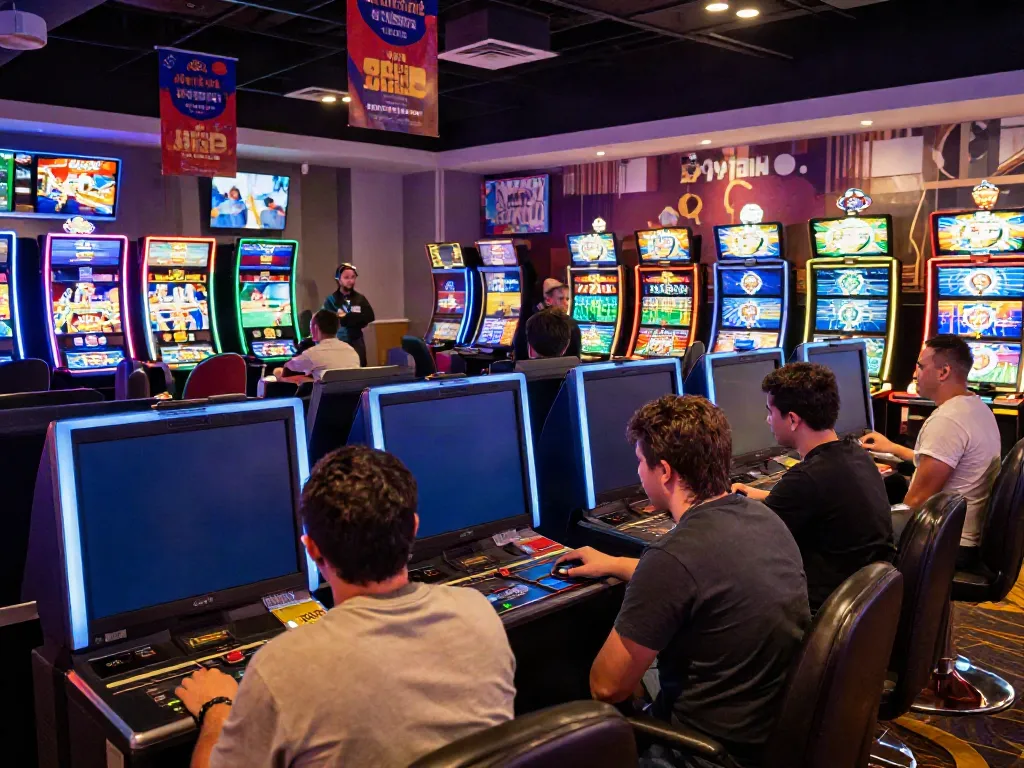 Engaged players at a vibrant online casino using credit cards for deposits, showcasing excitement and energy.