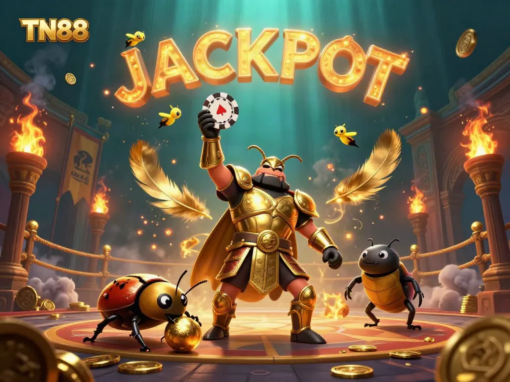 Catch the excitement of TN88 with this vibrant 3D illustration showcasing victory and jackpot elements in a lively casino setting.