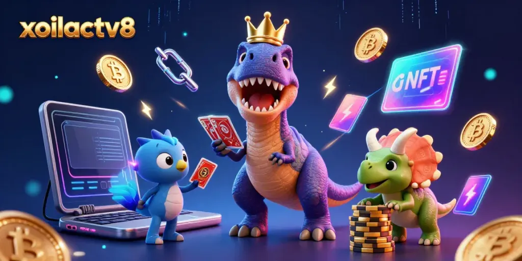 Experience the excitement of xoilactv8 as a T-Rex shuffles cards with neon edges in a vibrant casino scene.