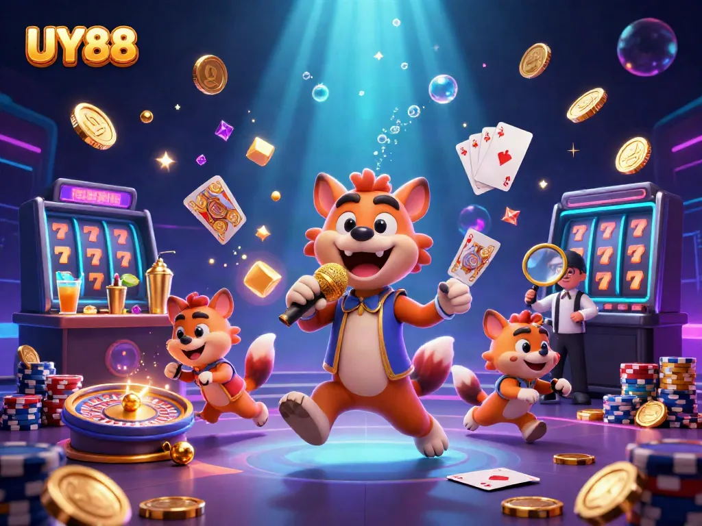 Experience the excitement of UY88's casino with dynamic hyena characters and vibrant gambling elements.