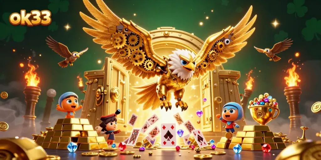 Experience thrilling wins with ok33 and a flying golden eagle amidst dazzling casino treasures.