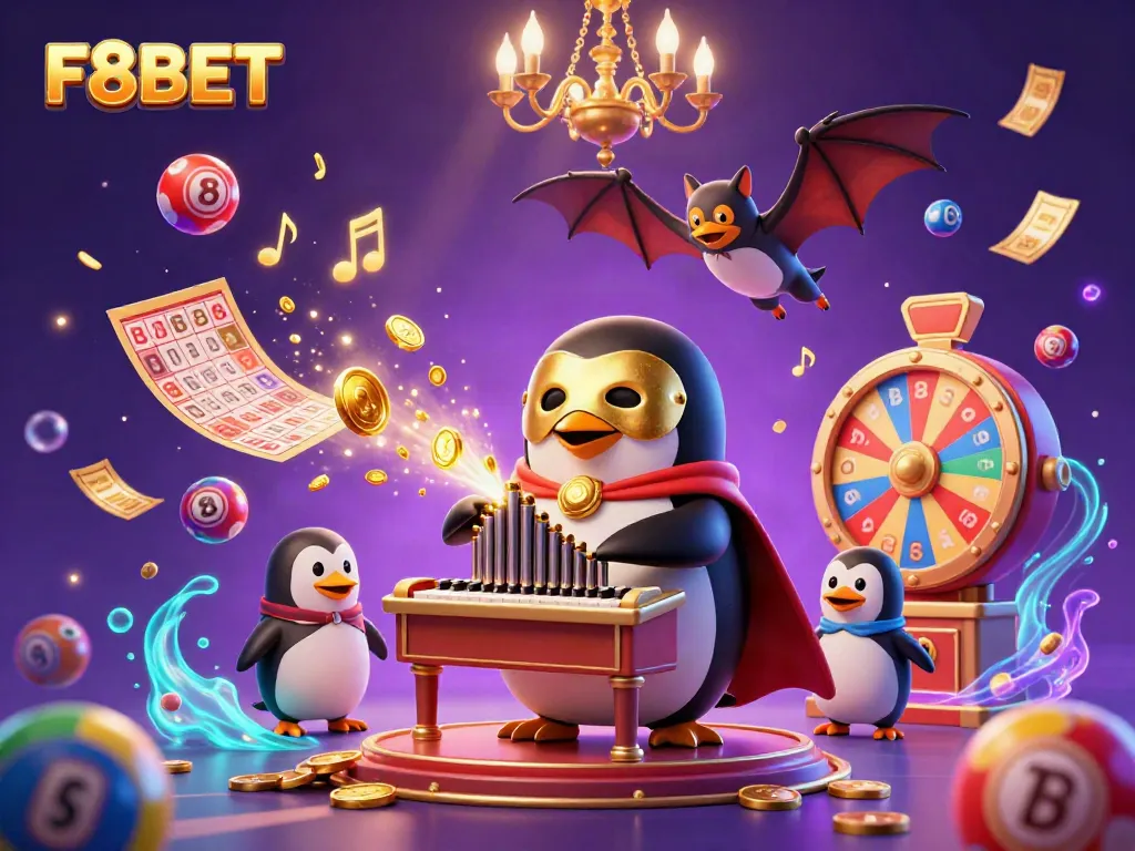Experience F8BET excitement with a dynamic 3D illustration featuring a penguin and vibrant casino elements.