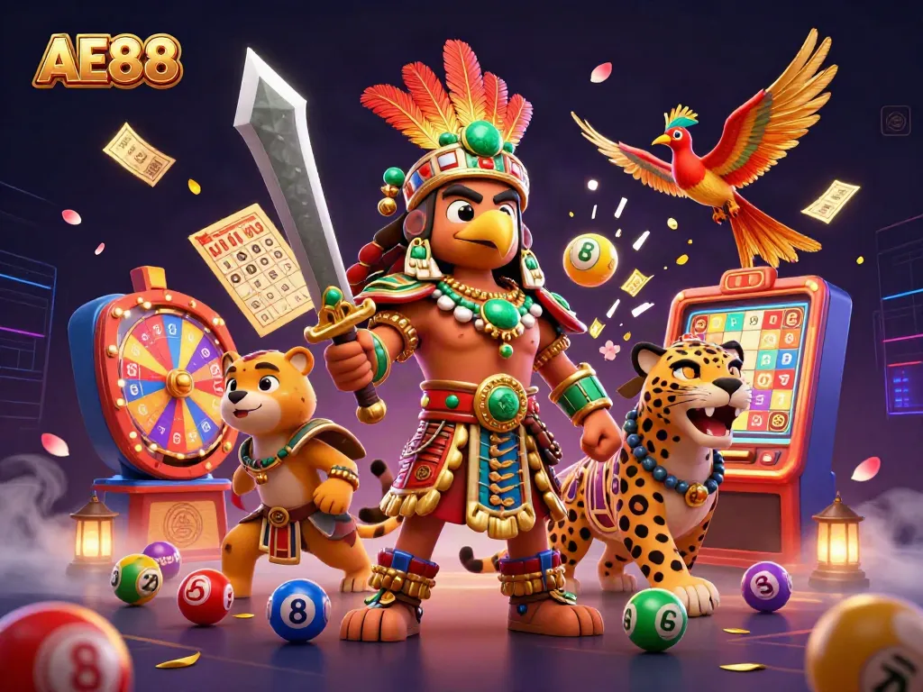 AE88 casino illustration featuring vibrant characters and exciting game elements for a dynamic gambling experience.