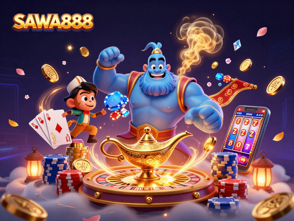 Experience the magic of SAWA888 with a colorful casino scene featuring a massive genie, monkey, and poker elements.