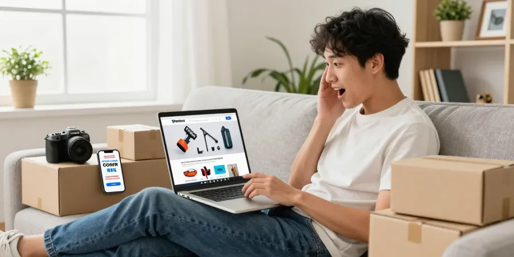 Browsing for mister worker discount code while shopping online in a cozy living room setting.