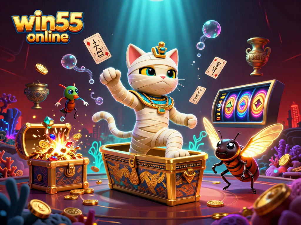 Experience thrilling fun at win55 online with a vibrant pyramid casino scene, packed with gold, treasure, and mystique.