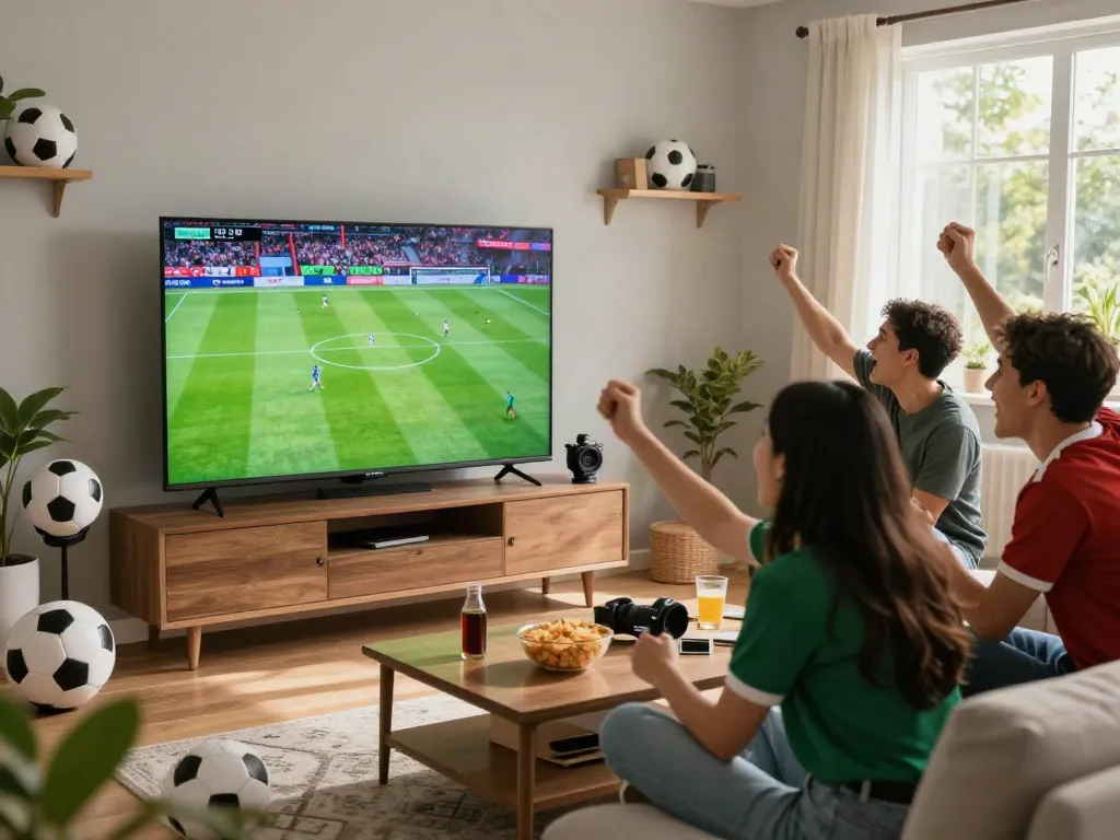 Xoilactv football fans enjoying a live match in a vibrant living room.