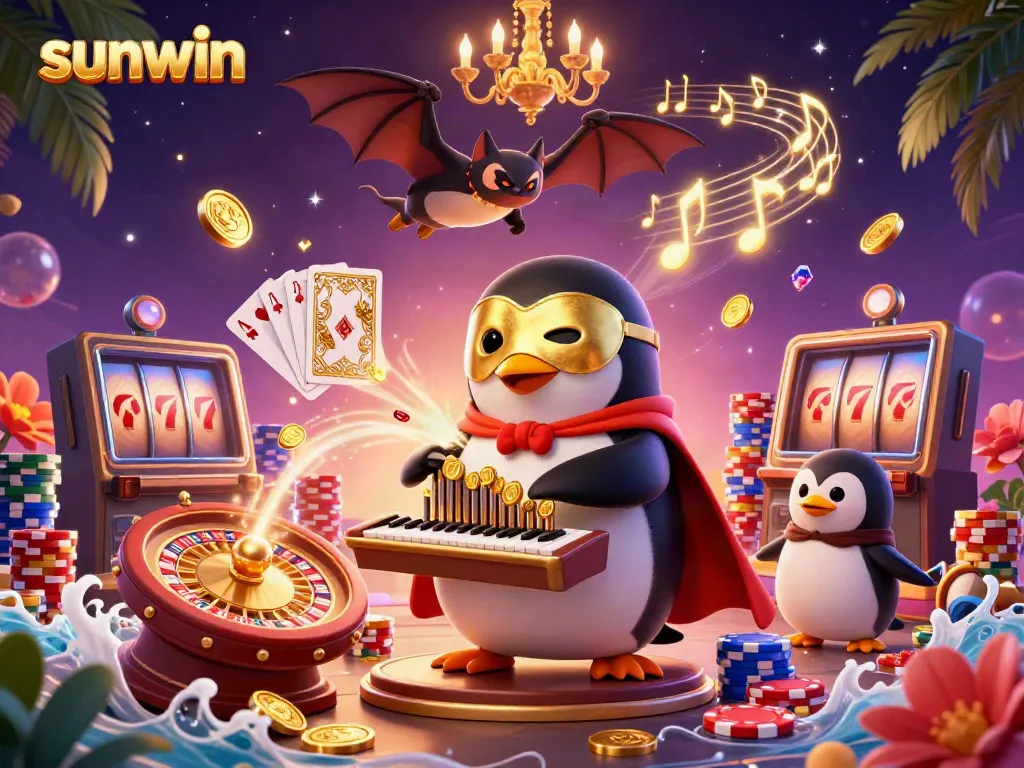 Experience sunwin's vibrant casino scene with a penguin playing a pipe organ shooting golden coins amid acrobatic elements.