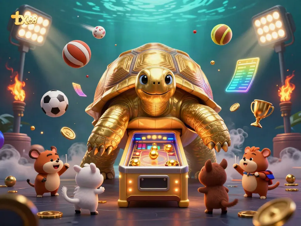 Experience the thrills of tx88 with a golden tortoise pinball machine surrounded by excited players.