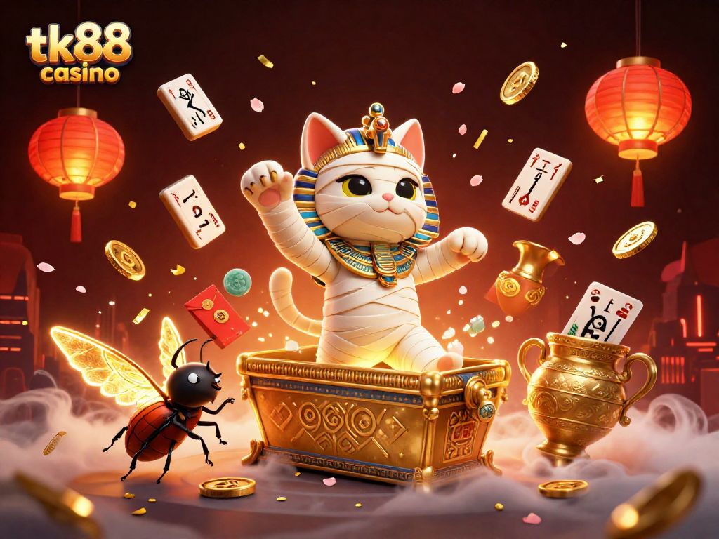 Play exciting games at tk88 casino with a vibrant, action-packed 3D illustration featuring a mummy cat.