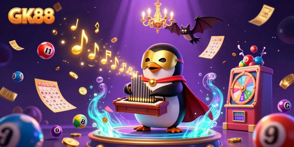 Experience the excitement of GK88 as vibrant lottery elements burst in a dynamic casino scene.