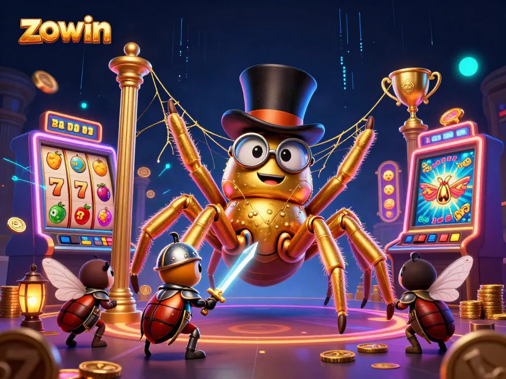 Zowin casino illustration featuring a giant golden tarantula and a beetle knight surrounded by slot elements.