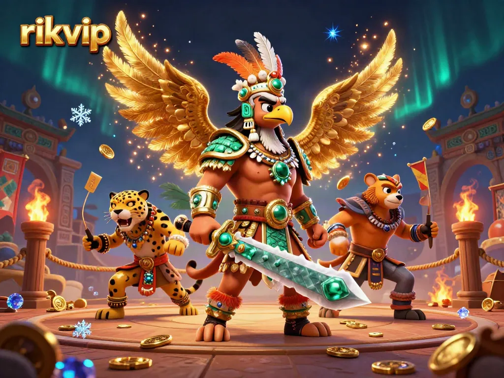 Engage in thrilling games at rikvip, featuring Aztec warriors amidst a vibrant casino atmosphere.