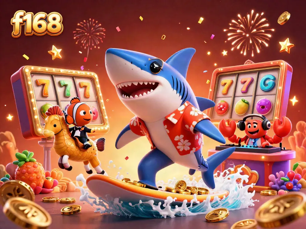 Experience thrilling gameplay at f168 with a shark character surfing on gold coins amidst vibrant jackpot elements.