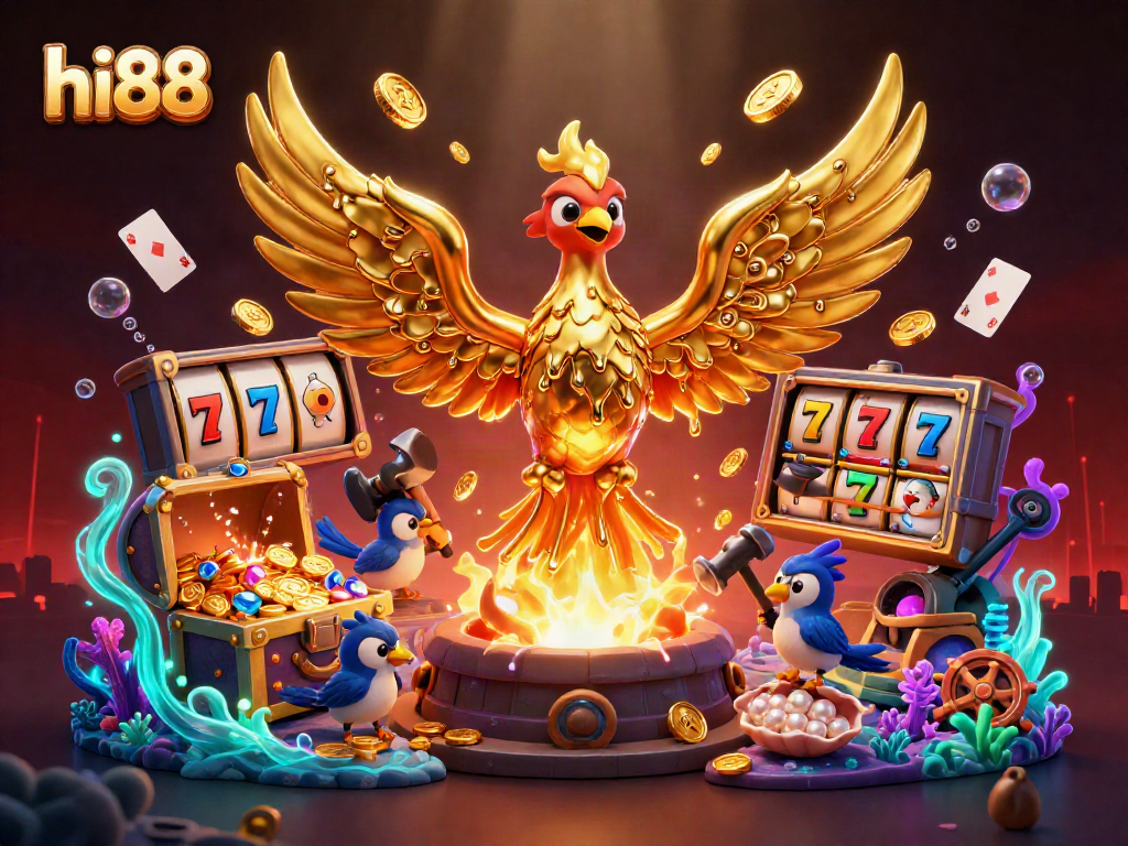 Play exciting games at hi88 with golden phoenix and slot elements in vibrant 3D illustration.