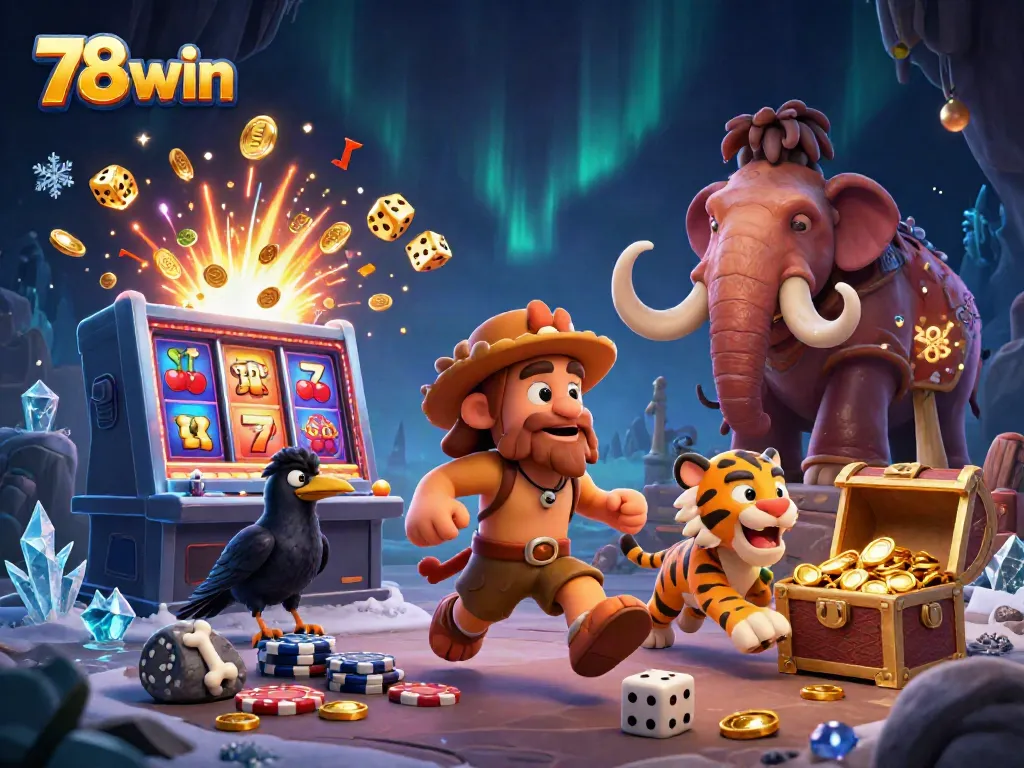 Experience the excitement of 78win with a lively prehistoric casino scene featuring unique characters and dynamic game elements.