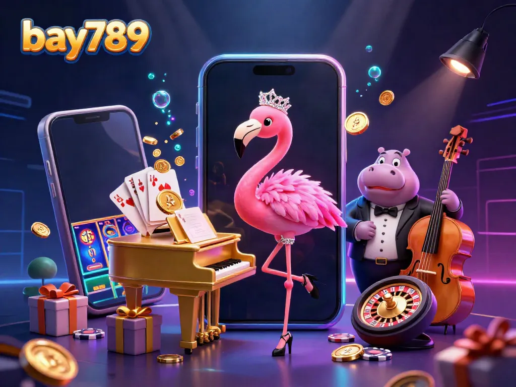 Experience bay789's vibrant gaming atmosphere with a flamingo singer and hippo bassist in this lively illustration.