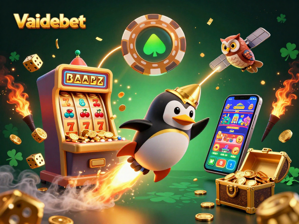 Experience the excitement of Vaidebet with a golden penguin rocket in a thrilling casino scene.