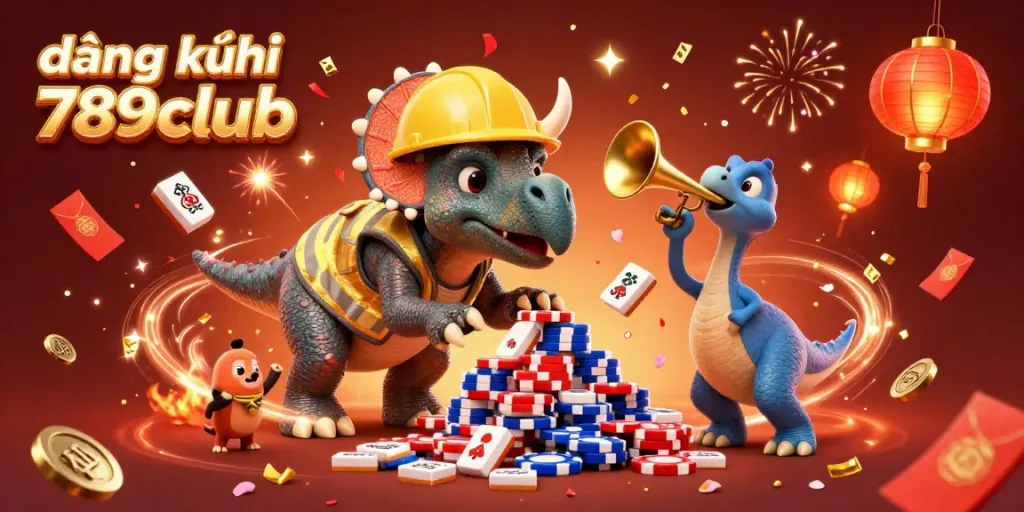 Experience đăng ký 789club with vibrant celebration featuring a triceratops and joyful compys in dynamic casino atmosphere.