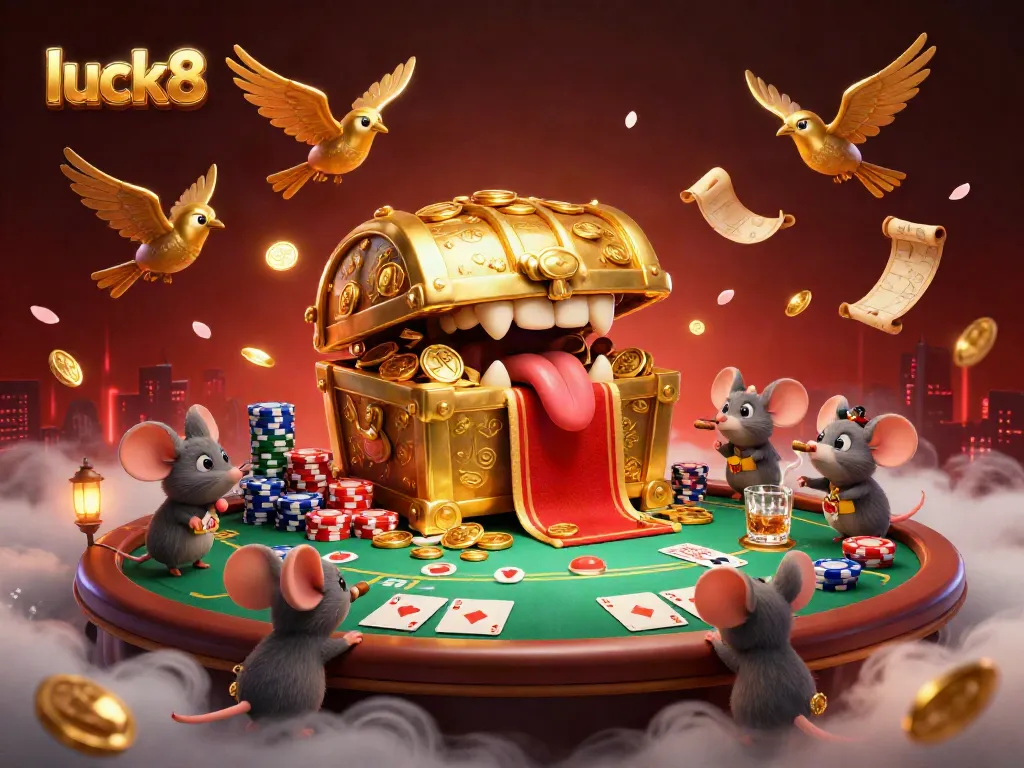 Experience the thrill of gaming at luck8 with a vibrant treasure chest and colorful poker elements.