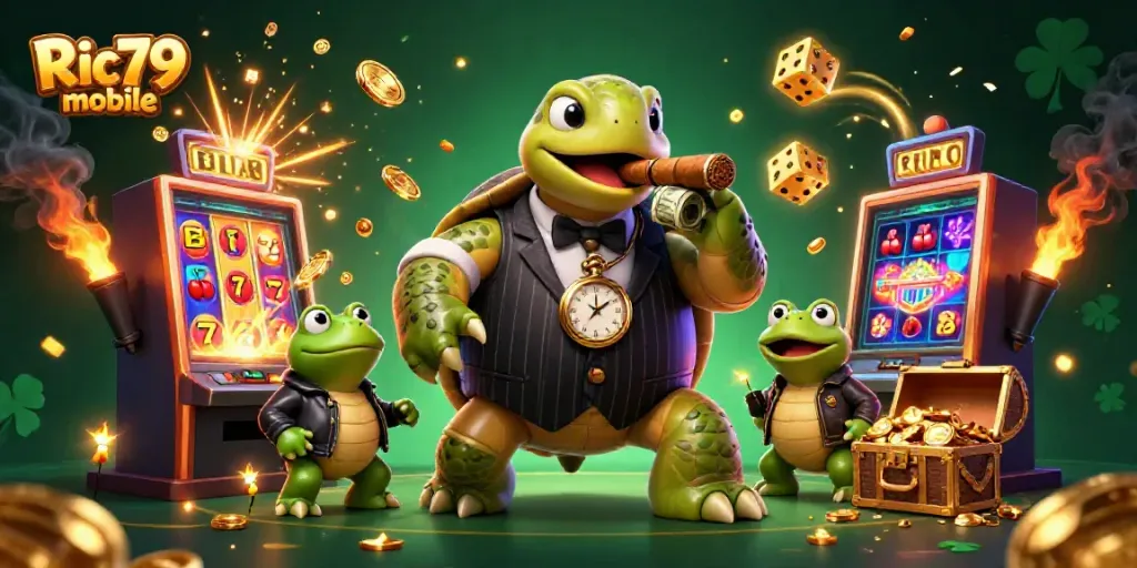 Experience Ric79 mobile with a 3D vibrant casino scene featuring a snapping turtle and enforcers.
