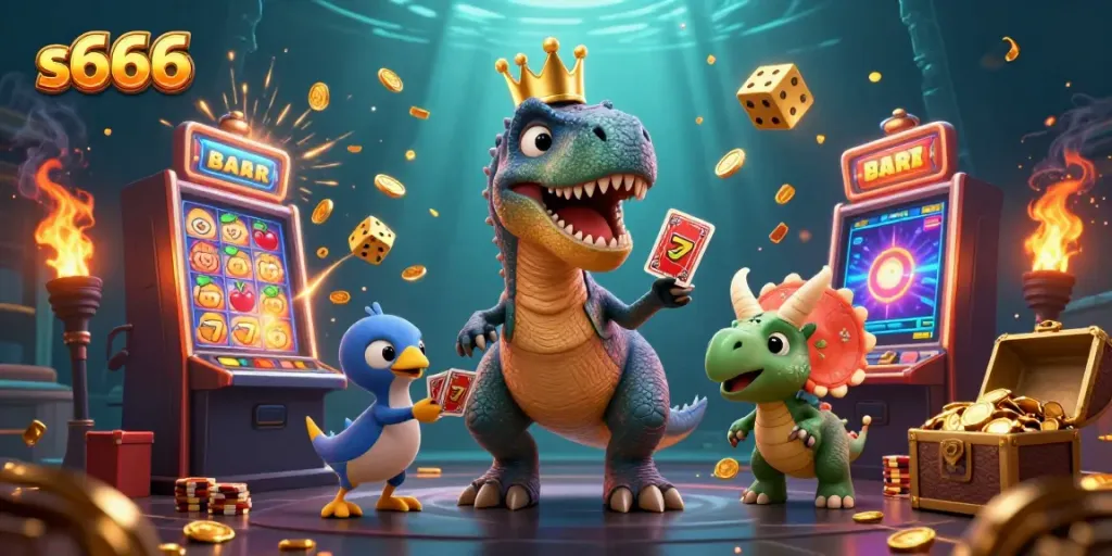 Experience the excitement of slots at s666 with jackpot wins and playful dinosaur characters.
