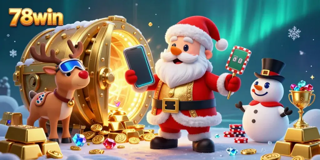Experience exhilarating wins with 78win as Santa and friends unveil jackpot treasures in a dynamic casino scene.