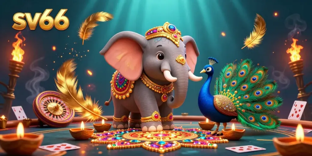 Engage with sv66 in a vibrant casino scene filled with captivating gaming elements and festive decorations.
