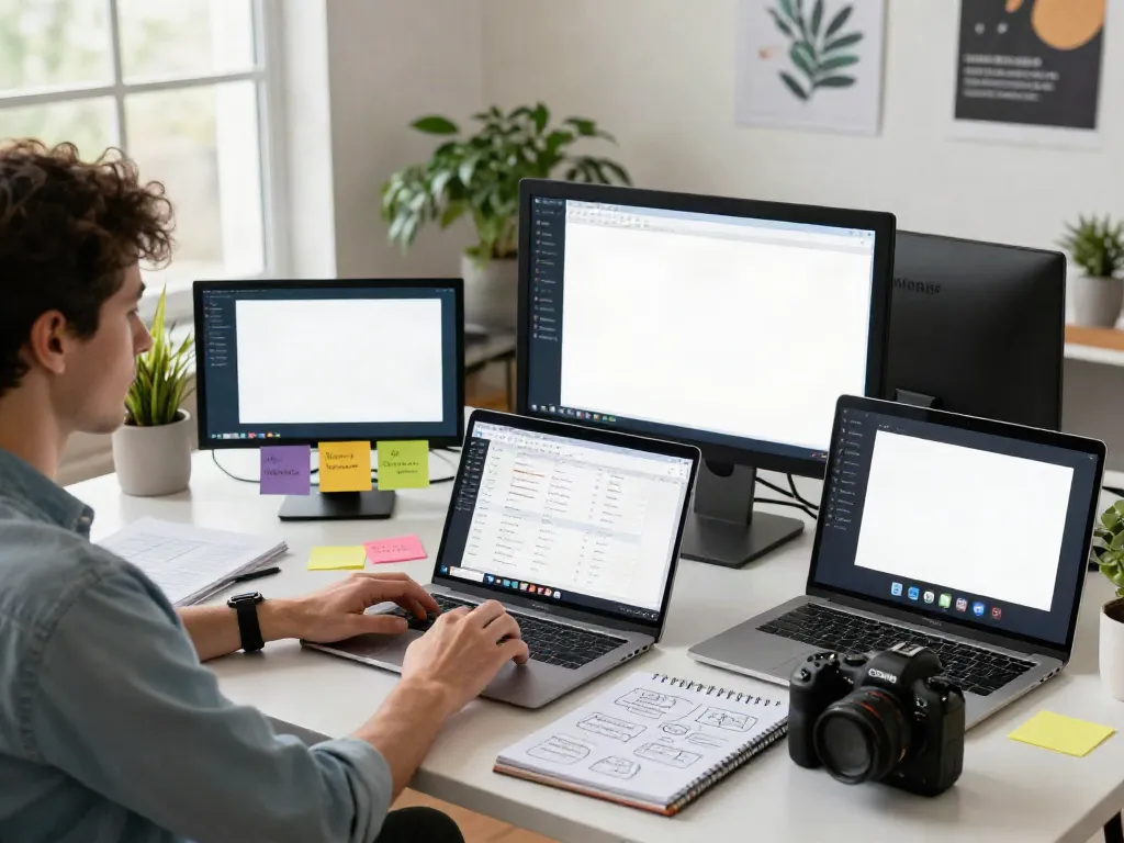 SEO strategist analyzing analytics in a bright home office, illustrating instant indexing.