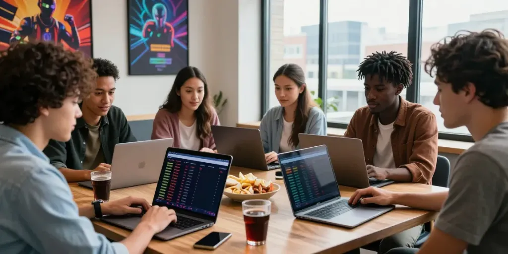 Excited friends engaging with https://8kbeteu.com/ sports betting apps at a lively coffee table.