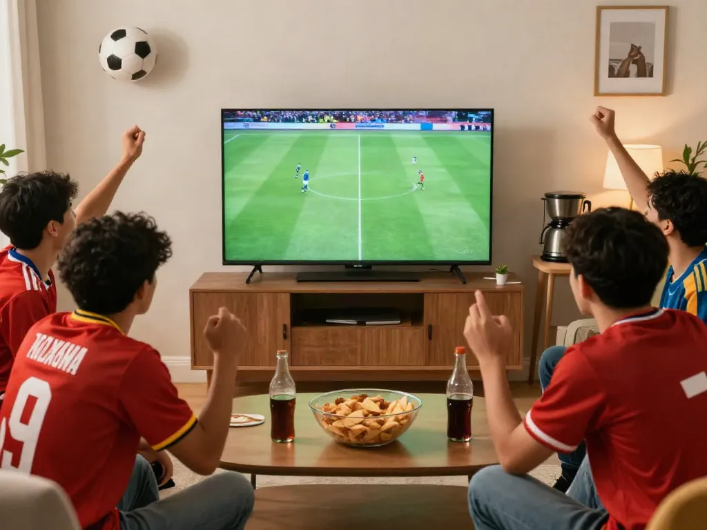 Socolive friends enjoying a live football match in a vibrant living room.