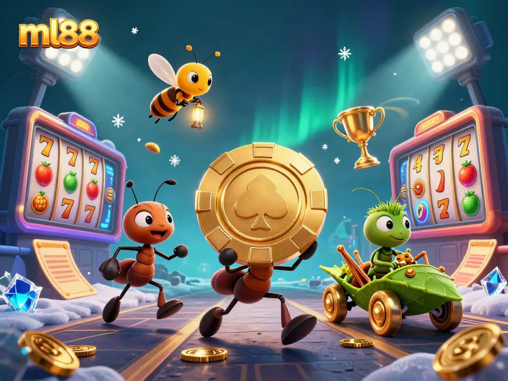 Cute ants in a heist carrying a giant poker chip for ml88, with a firefly and grasshopper in a casino setting.