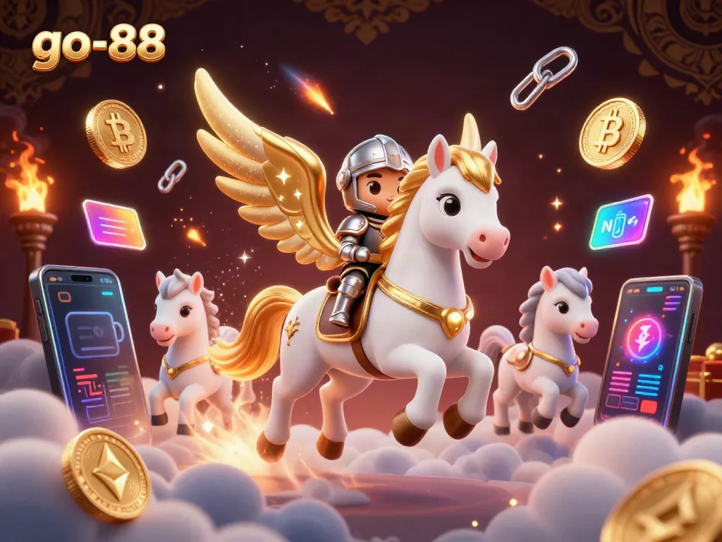 Experience thrilling moments at go-88 with a celestial horse and knight surrounded by vibrant gaming elements.