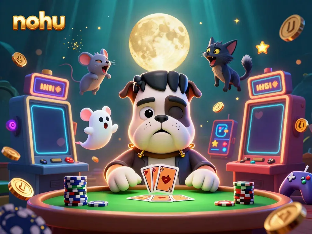 Win big at nohu with a vibrant casino scene featuring a Frankenstein bulldog dealing cards.