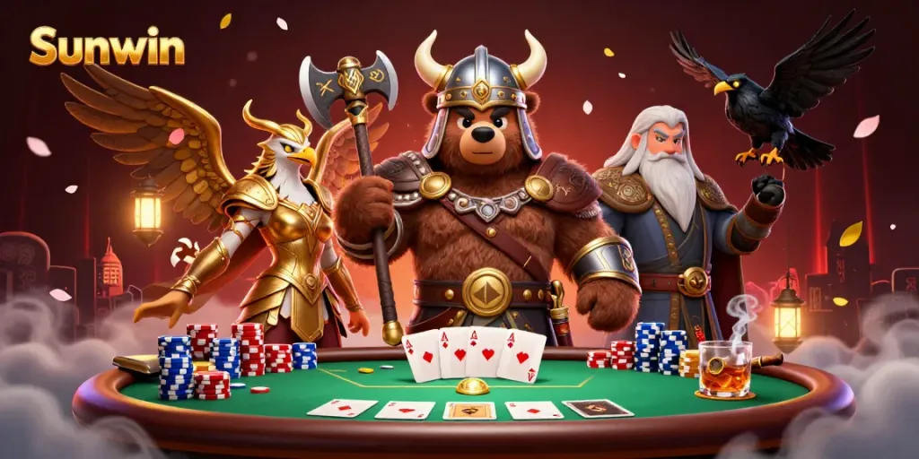 Experience exhilarating games with Sunwin's fierce Viking and Valkyrie at a vibrant poker scene.
