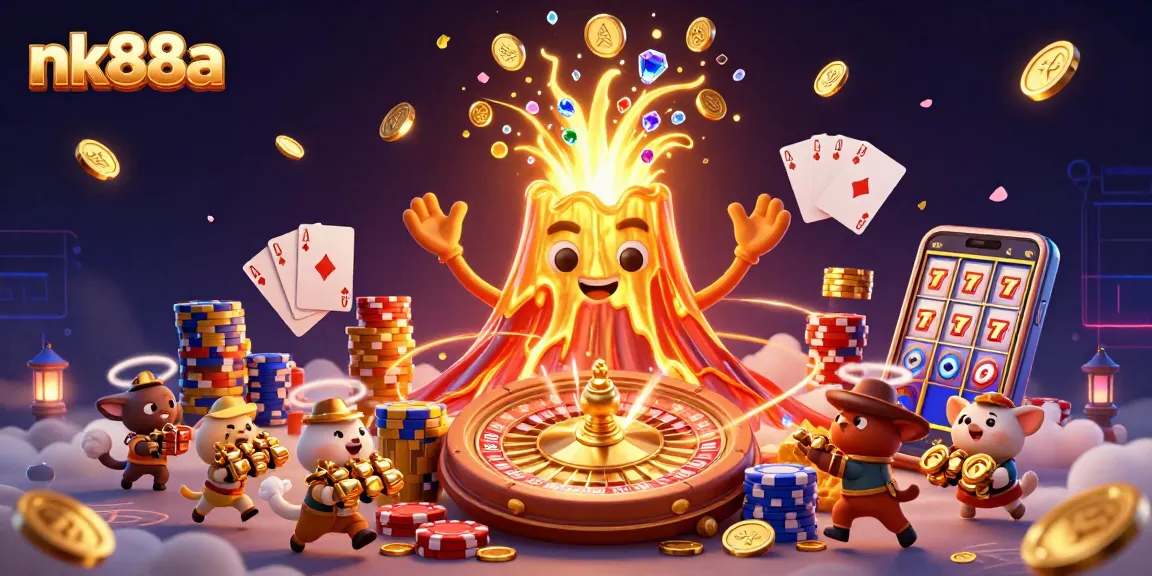 Engage with nk88a's exciting 3D casino scene filled with erupting treasures and dynamic gaming elements.
