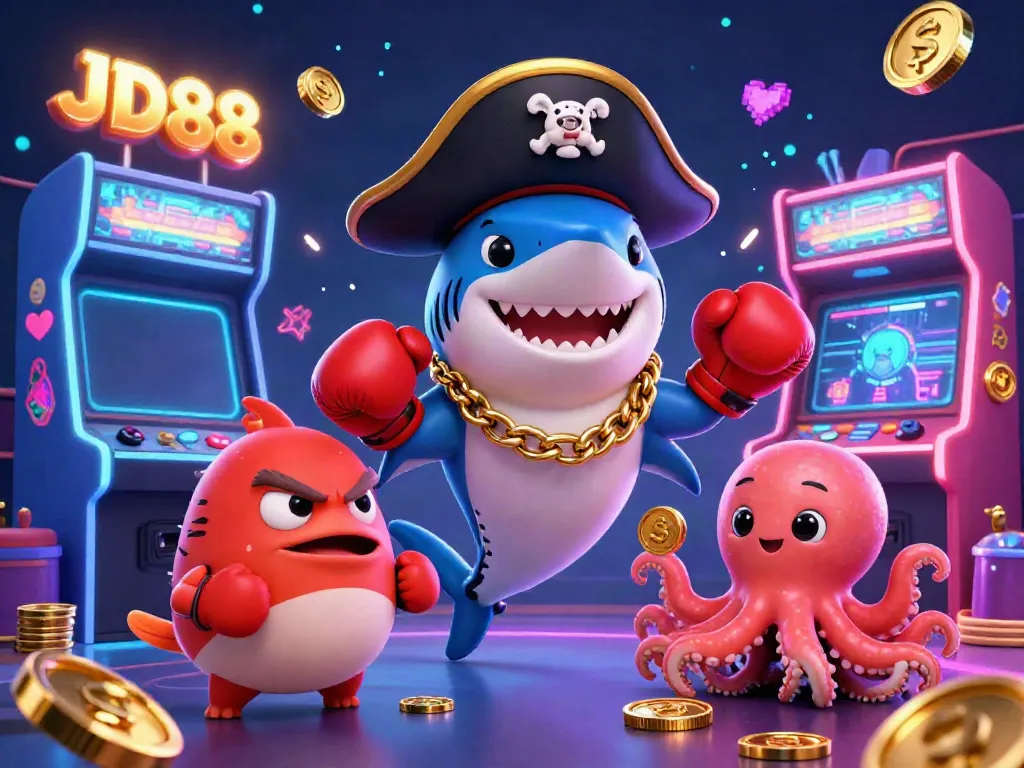 Engage in thrilling gameplay at JD88's lively casino with colorful characters in a vibrant setting.