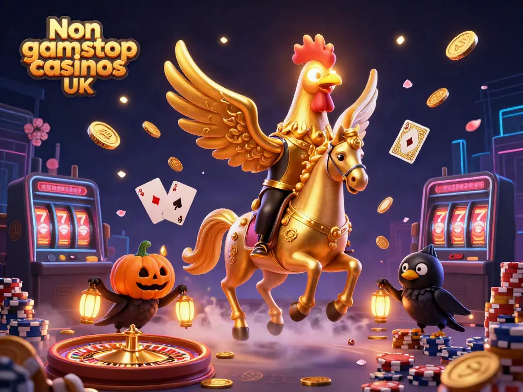 Engaging scene showcasing Non gamstop casinos UK with golden rooster and mystical elements.