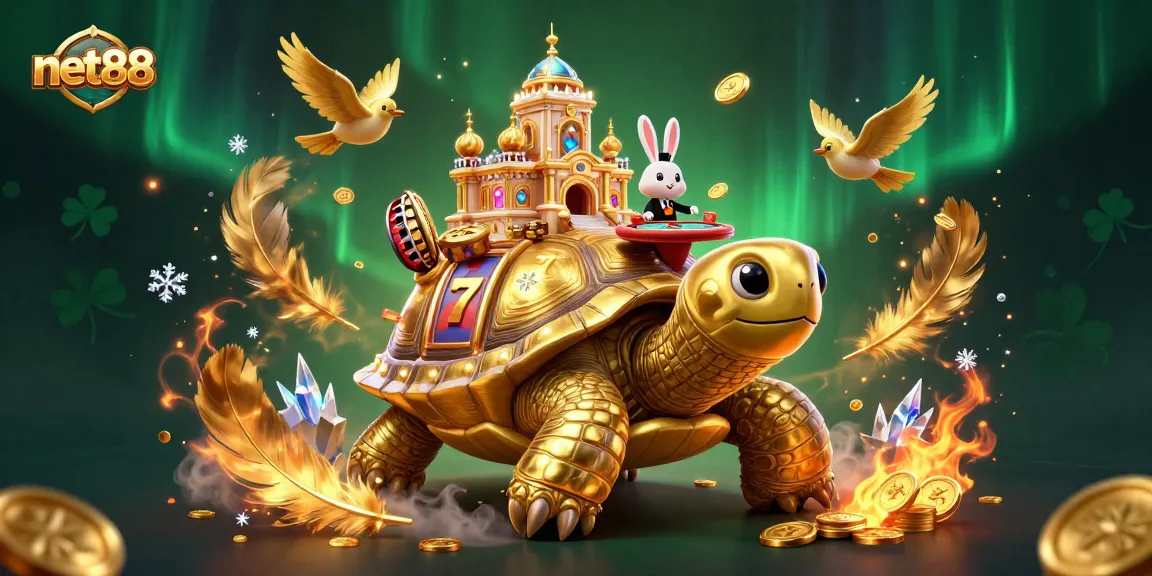 Experience net88's vibrant casino environment featuring a golden tortoise and rabbit dealer amidst slot elements.